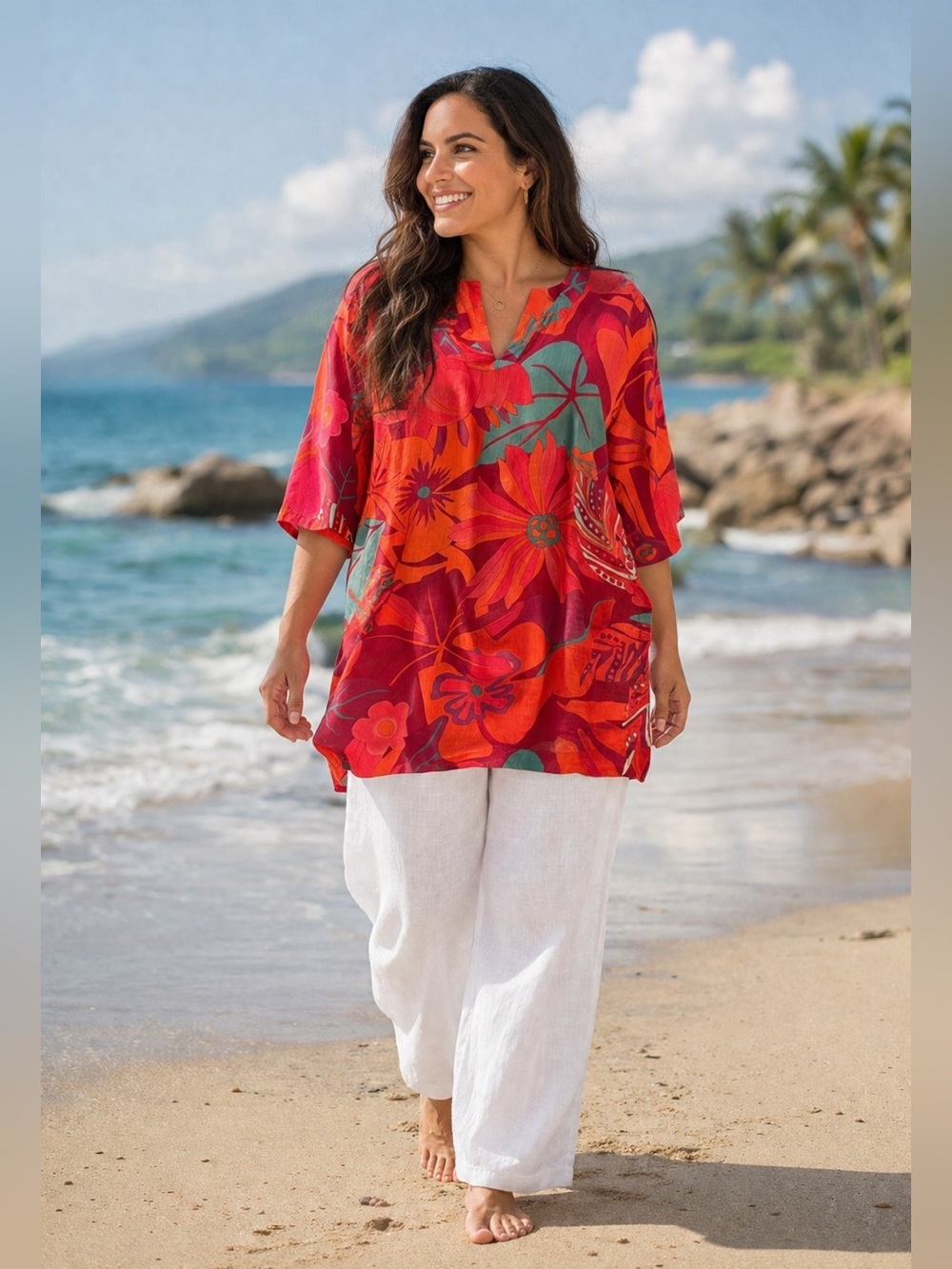MaxMara Weekend Floral Shift Top in Coral, Magenta & Teal